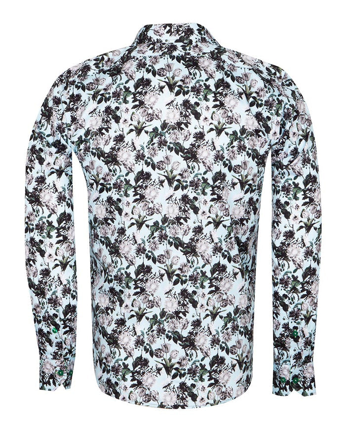 Green Floral Print Men's Shirt with Matching Handkerchief-Makrom