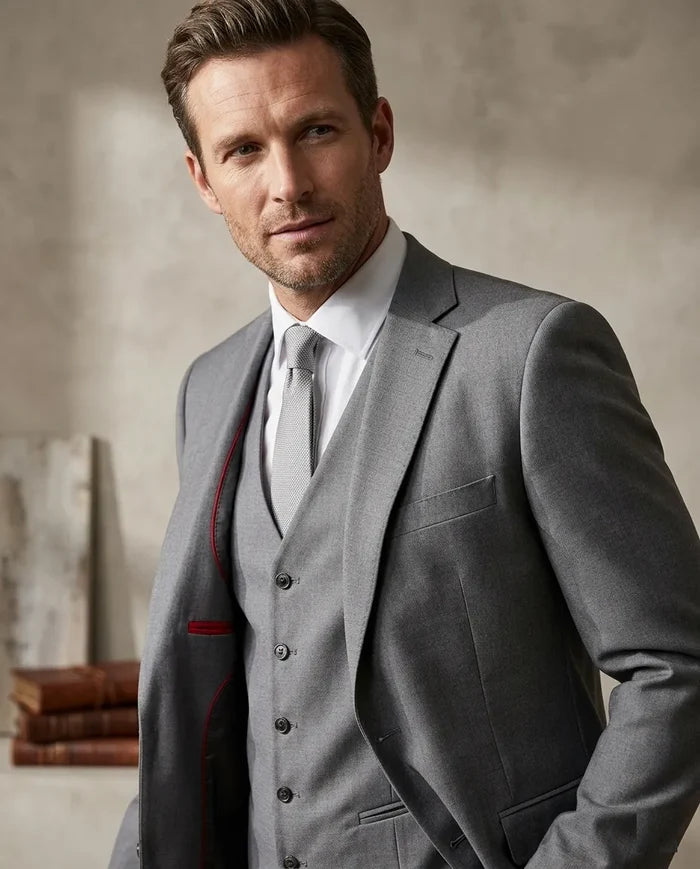 Man wearing a gray suit with a white shirt and tie against a neutral background