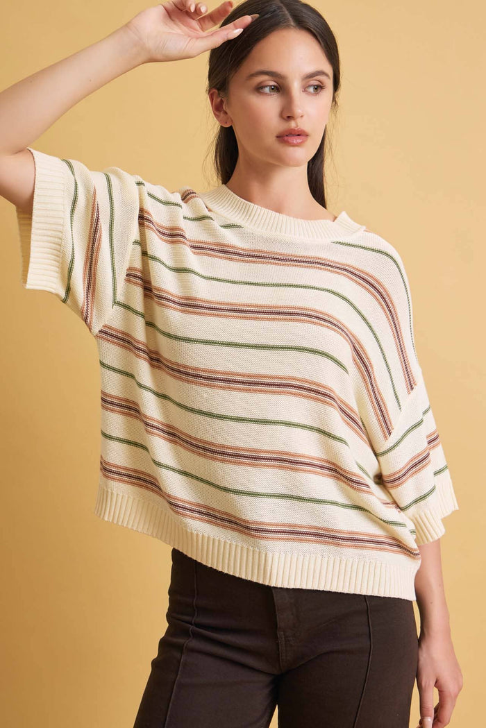 HALF SLEEVE STRIPED SWEATER