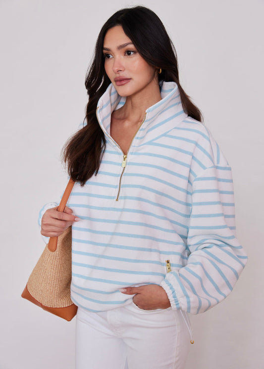 Hartley Pullover in Terry Fleece (Crystal Blue/White Mariner Stripe)