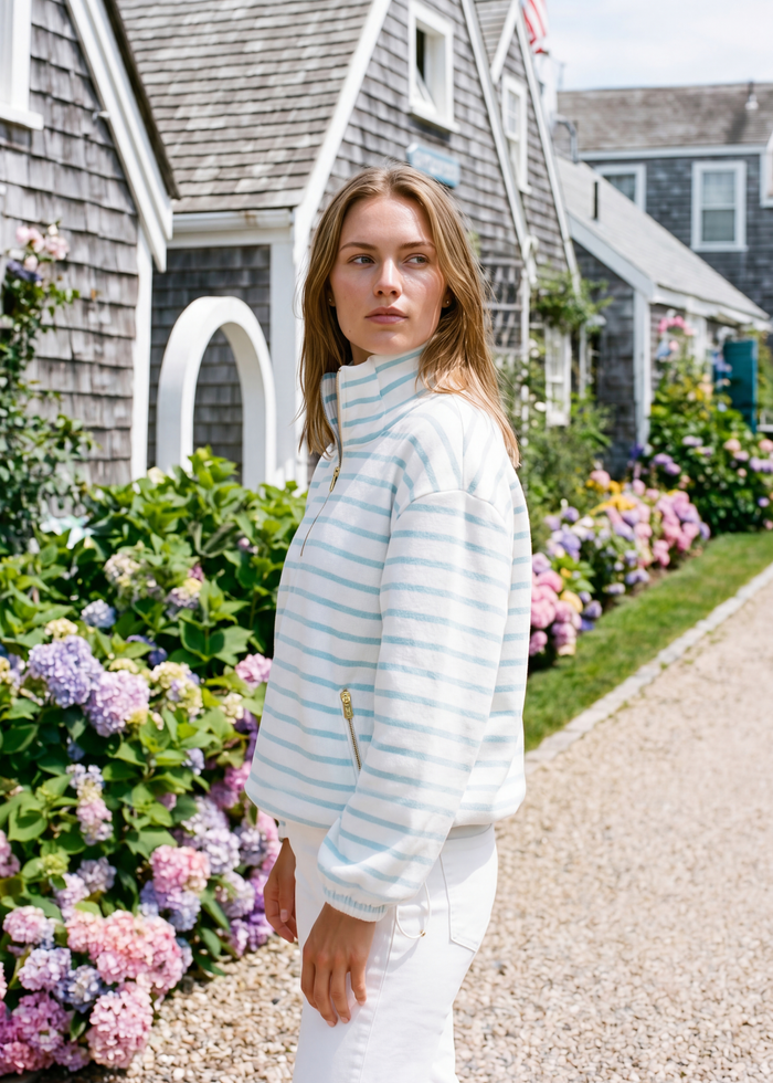 Hartley Pullover in Terry Fleece (Crystal Blue/White Mariner Stripe)