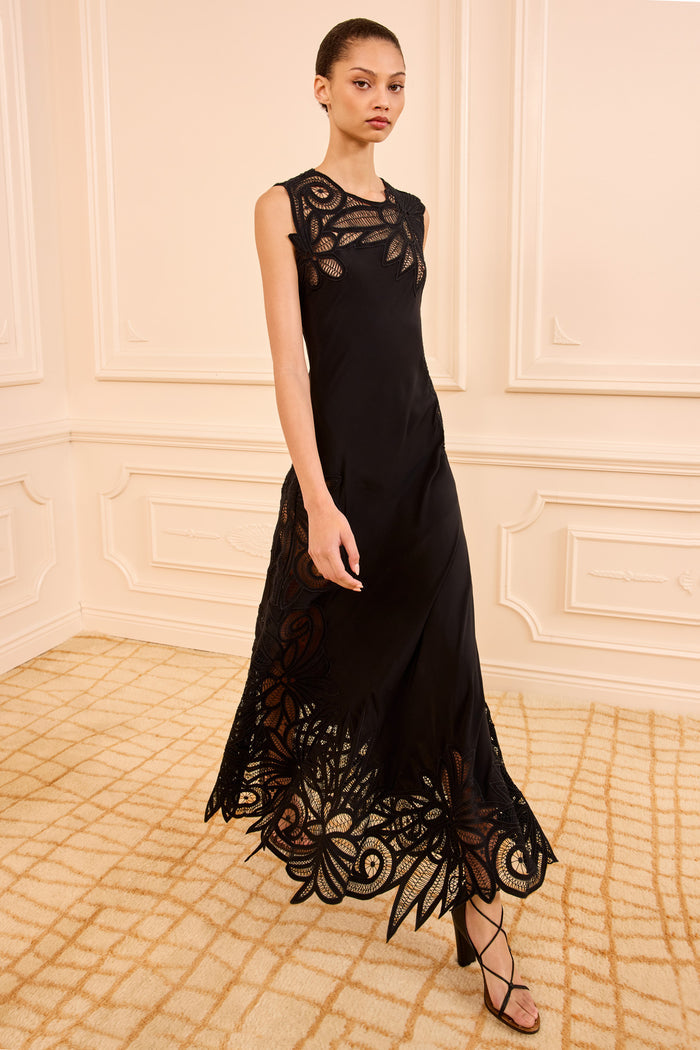 Black Silk Idra Dress with Lace Applique - Side Profile | Ulla Johnson