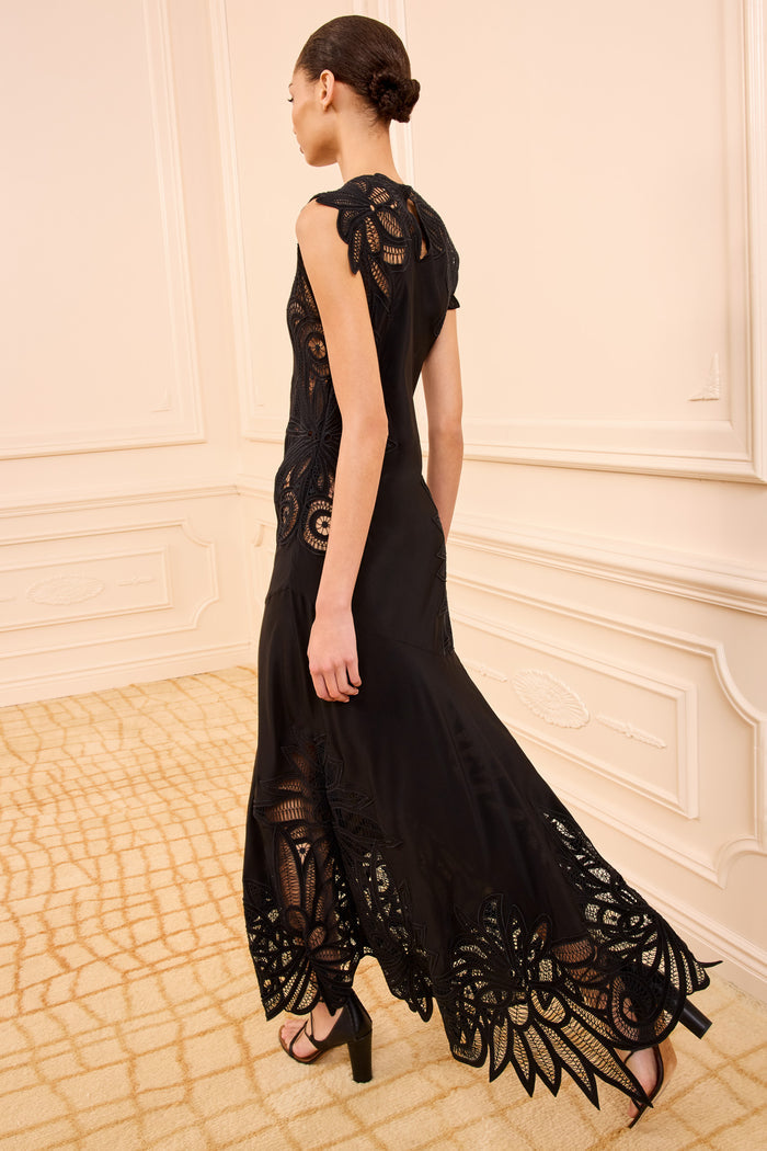 Black Silk Lace Applique Maxi Dress - Back View | Ulla Johnson