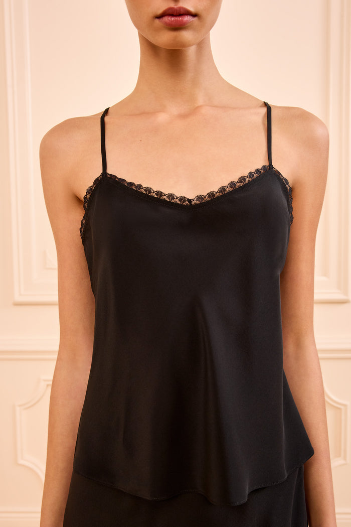 Black Luxury Silk Camisole - Lace Neckline Close-Up Detail | Ulla Johnson
