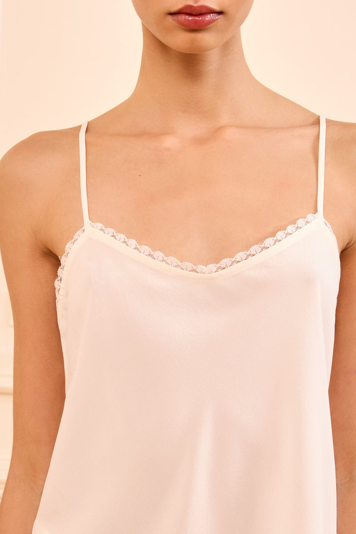 Pearl Luxury Silk Camisole - Delicate Lace Neckline Close-Up Detail | Ulla Johnson