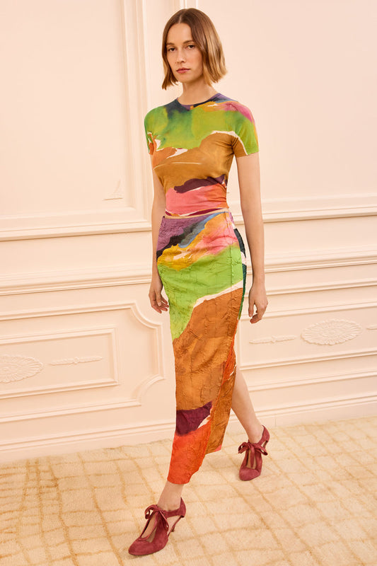 Multicolor Satin Inez Pencil Skirt, Frankenthaler Art Print - Front View | Ulla Johnson