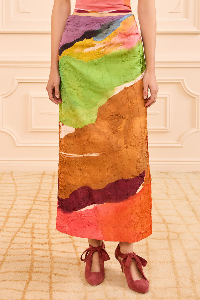 Multicolor Satin Pencil Skirt, Abstract Print Close-Up - Front Detail | Ulla Johnson