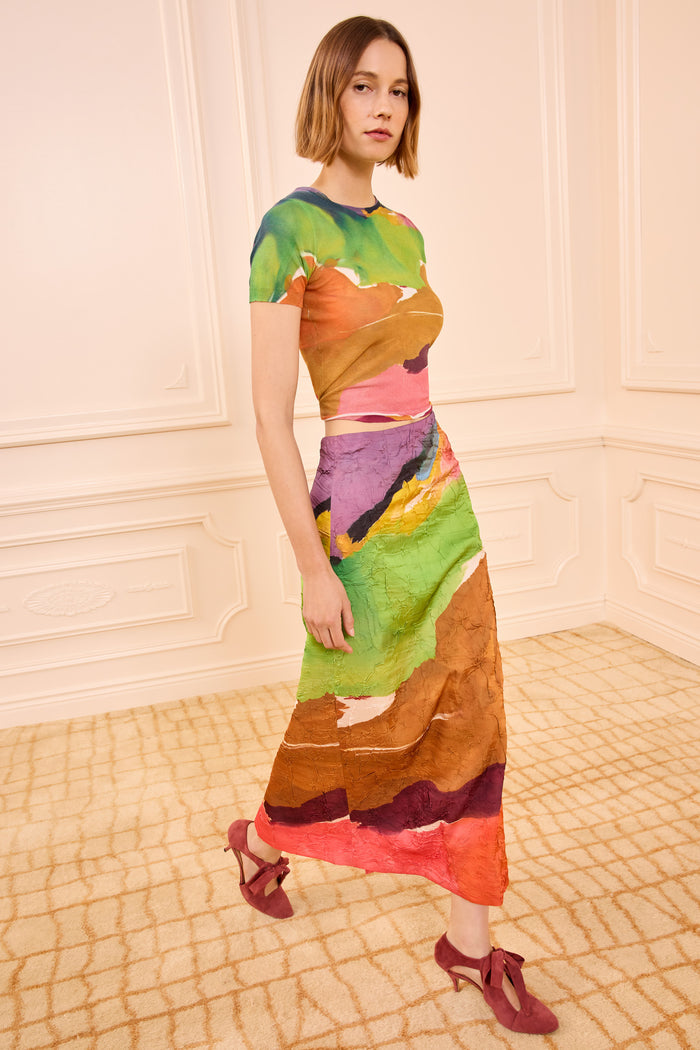 Multicolor Satin Inez Pencil Skirt, Frankenthaler Print - Side View | Ulla Johnson