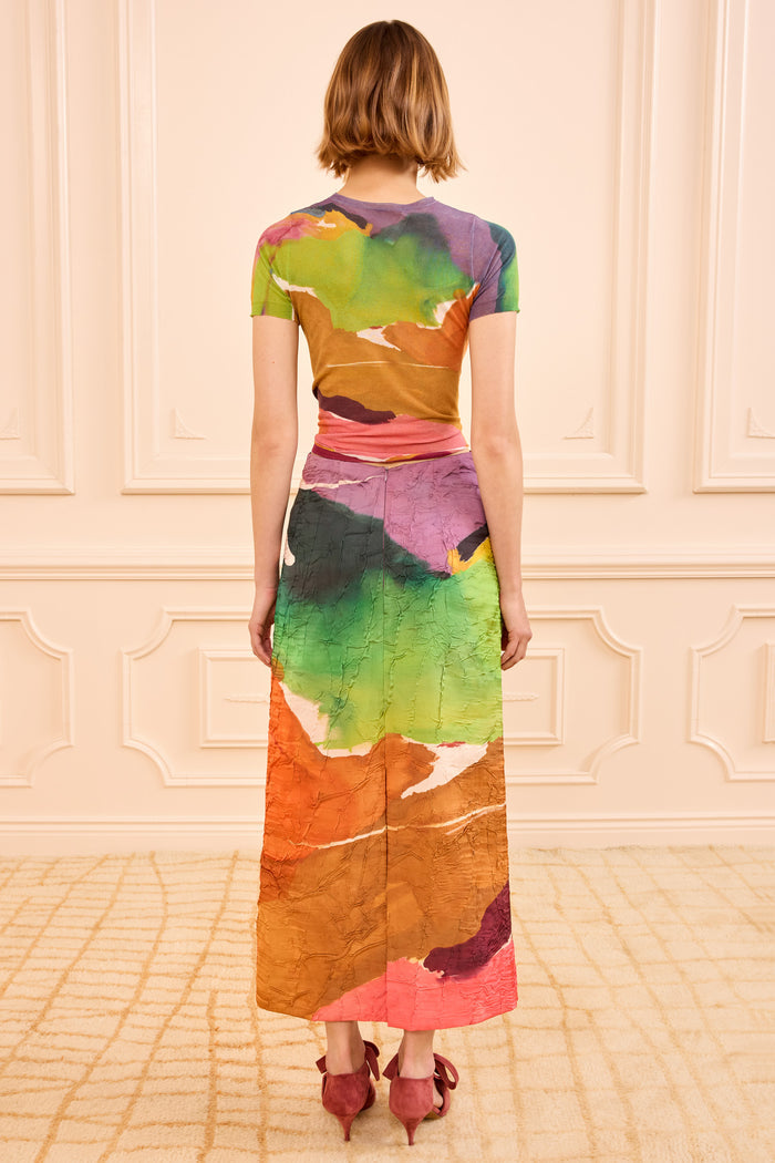 Multicolor Satin Inez Pencil Skirt, Painter-Print Midi - Back View | Ulla Johnson