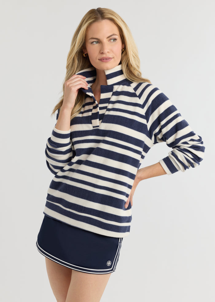 Ingrid Pullover in Vello Fleece (Navy/Cream Variegated Stripe)