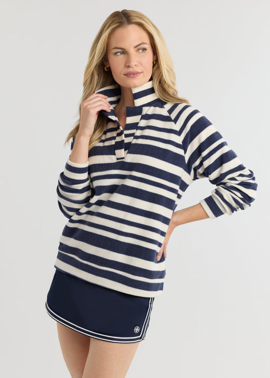Ingrid Pullover in Vello Fleece (Navy/Cream Variegated Stripe)