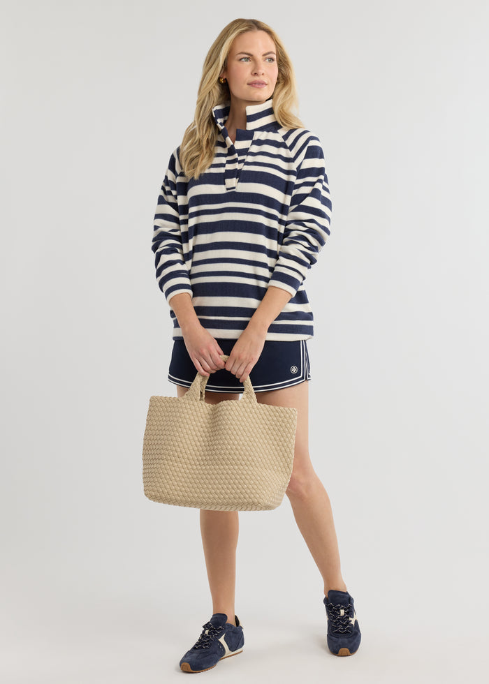 Ingrid Pullover in Vello Fleece (Navy/Cream Variegated Stripe)