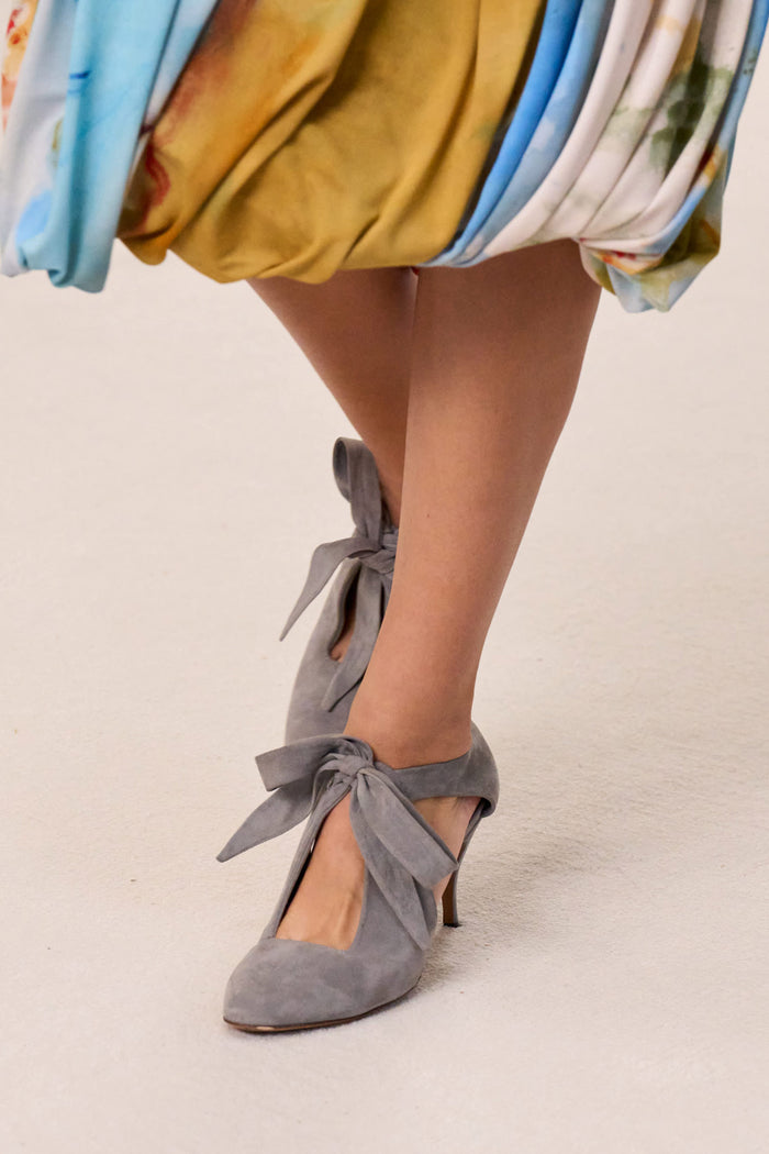 Stone Suede Ingrid Bow Pump - SS26 Runway Styled Look, Designer Bow Heels | Ulla Johnson