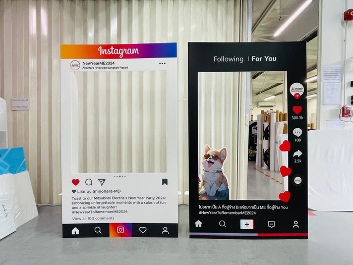 กรอบป้าย Instagram และ Facebook ดีไซน์เหมือนหน้าฟีดโซเชียล เหมาะสำหรับงานอีเวนต์ งานถ่ายภาพ และกิจกรรมโปรโมชัน
