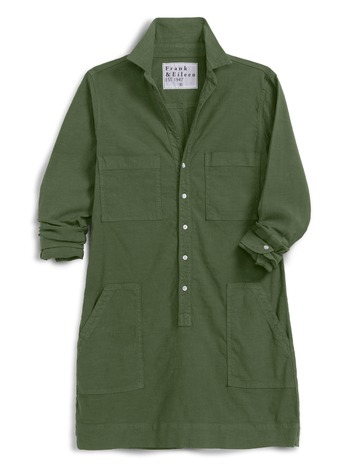 An olive green long-sleeve shirt dress by Frank & Eileen, featuring a button-down front, a pointed collar, and four front patch pockets, shown against a plain white background.