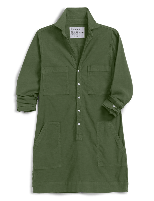 An olive green long-sleeve shirt dress by Frank & Eileen, featuring a button-down front, a pointed collar, and four front patch pockets, shown against a plain white background.