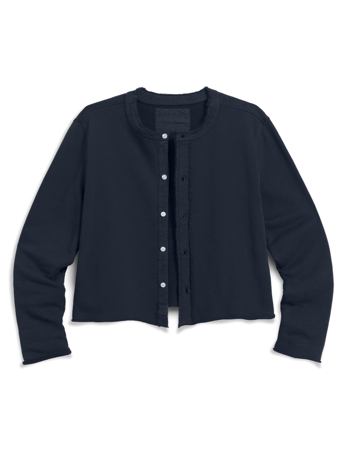 Navy long-sleeve cardigan with buttons on a black background