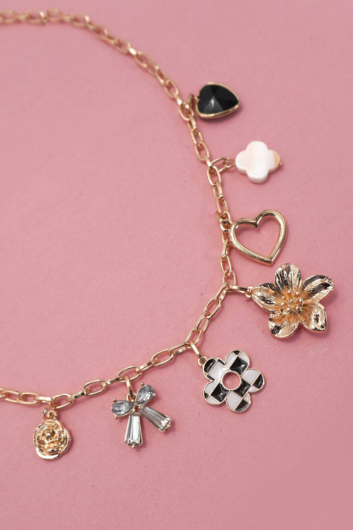 JOSSLYN by wall to wall - CHARM NECKLACE-BOW CHECKER HEART RHINESTONE | 80N92053