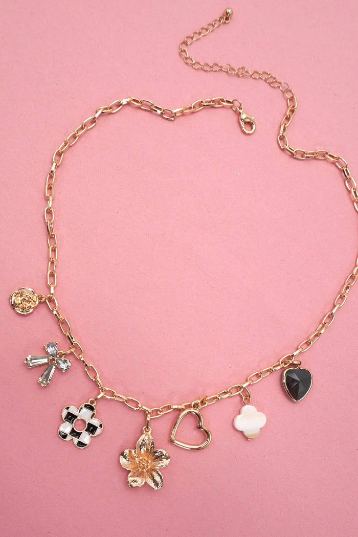 JOSSLYN by wall to wall - CHARM NECKLACE-BOW CHECKER HEART RHINESTONE | 80N92053