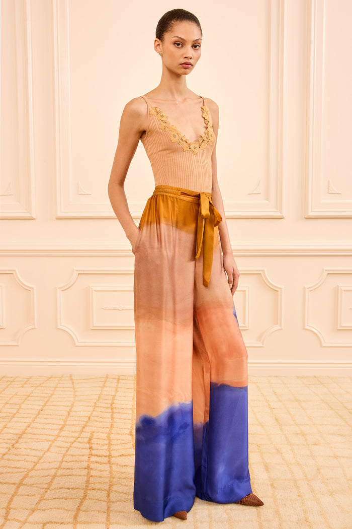 Moontide Sunset-Print Silk Wide-Leg Pant - Front View On Model | Ulla Johnson