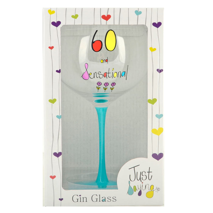 Gin glass with 60 and Sensational birthday message and aqua stem in gift box