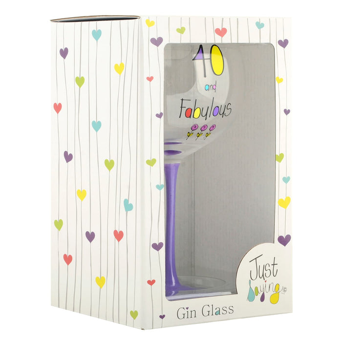 side view of Just Saying birthday gin glass in gift box packaging