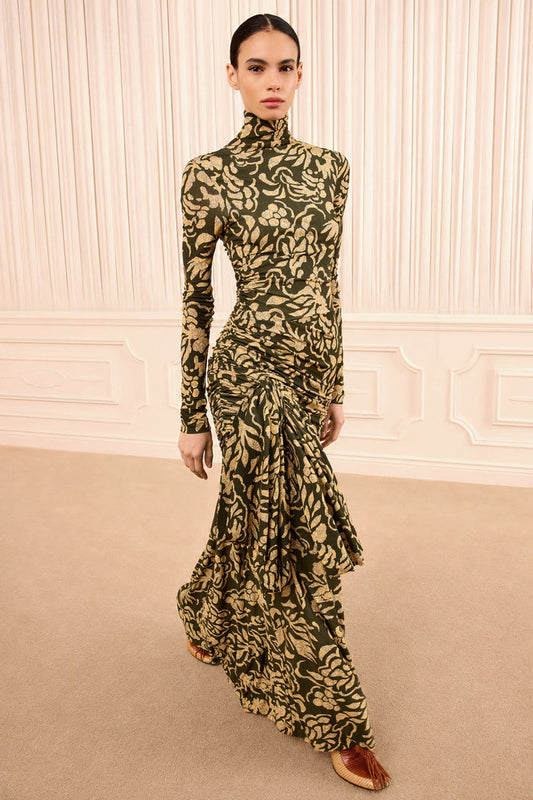 Katy Draped Jersey Dress - Khaki Floral