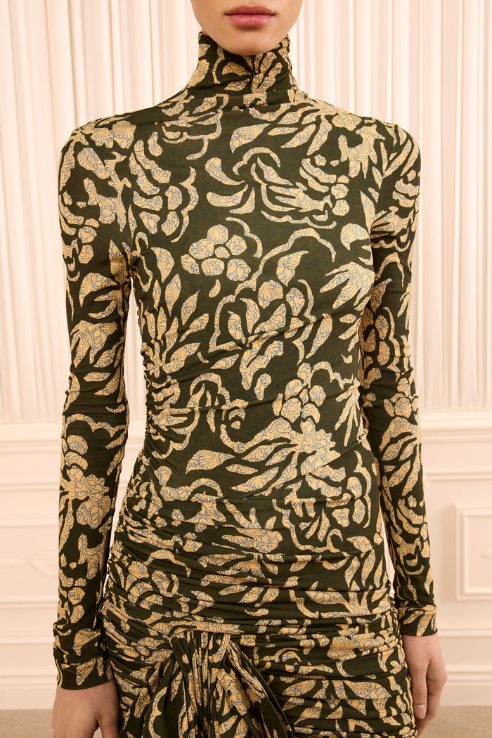 Katy Draped Jersey Dress - Khaki Floral