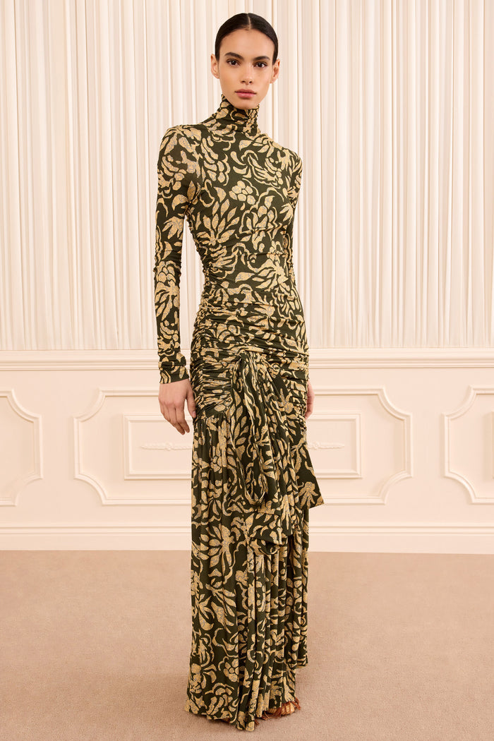 Katy Draped Jersey Dress - Khaki Floral
