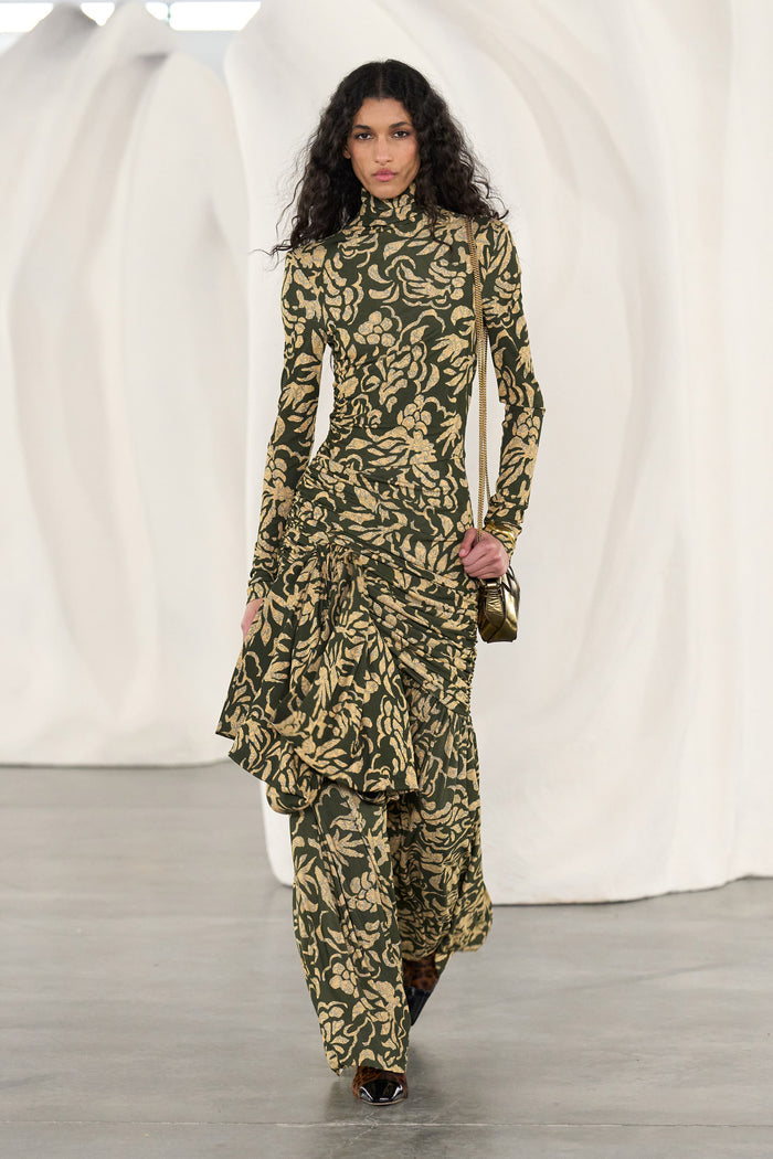 Katy Draped Jersey Dress - Khaki Floral