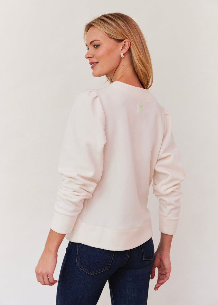 Kelly Puff Sleeve Cardigan in Vello Fleece (Cream)