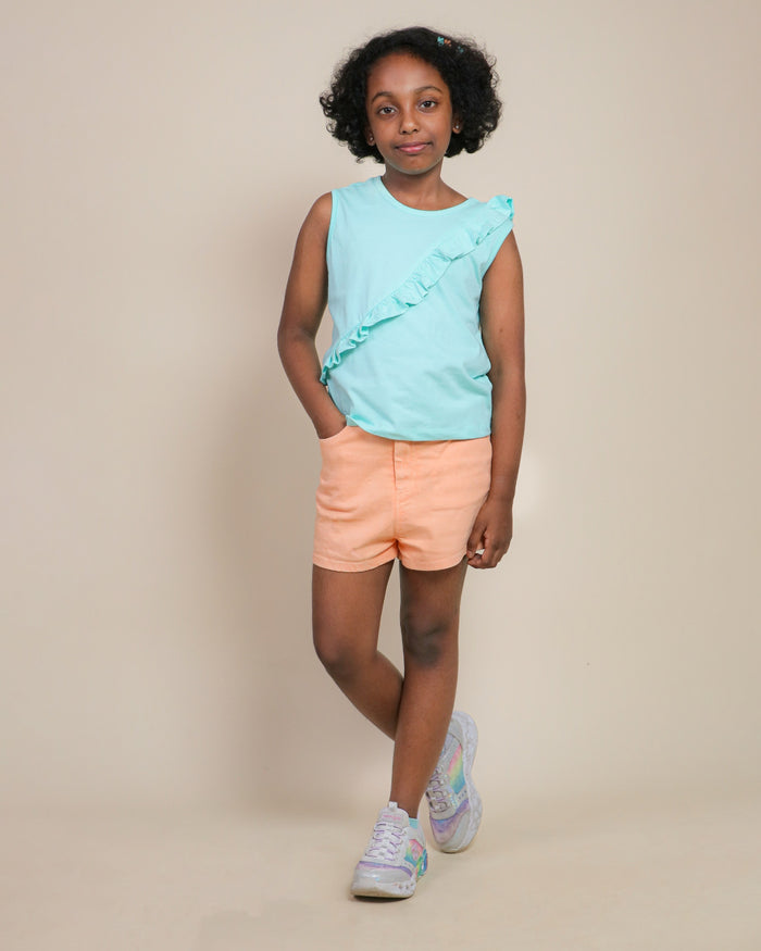 Kids Girls Summer Denim Shorts Top Set - Aqua Peach