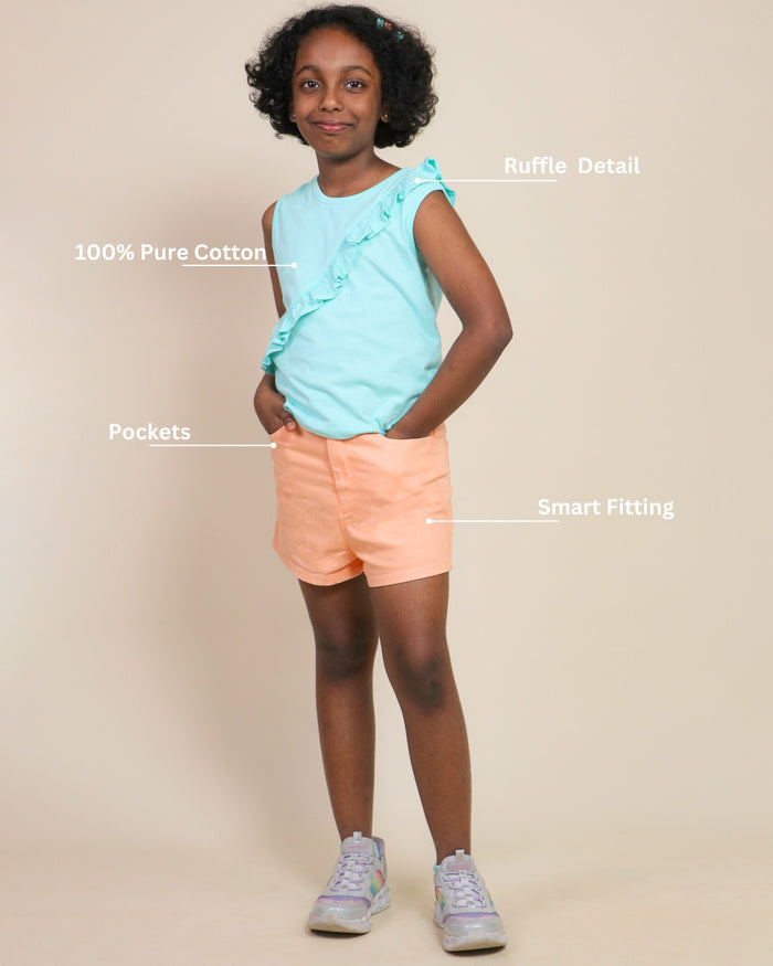 Kids Girls Summer Denim Shorts Top Set - Aqua Peach