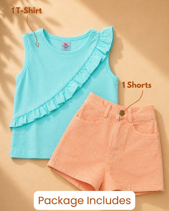 Kids Girls Summer Denim Shorts Top Set - Aqua Peach