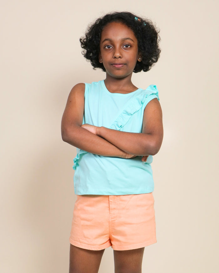 Kids Girls Summer Denim Shorts Top Set - Aqua Peach