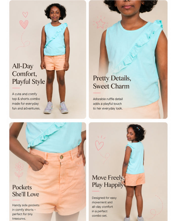 Kids Girls Summer Denim Shorts Top Set - Aqua Peach