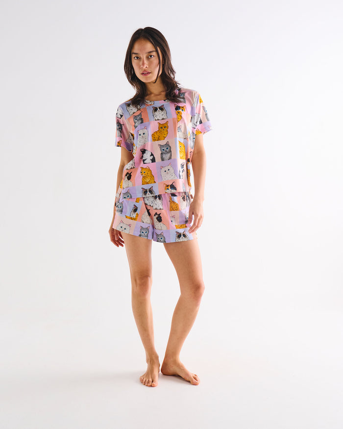 Kitty Cat Adult Organic Cotton Short Sleeve T-Shirt & Shorts Pyjama Set