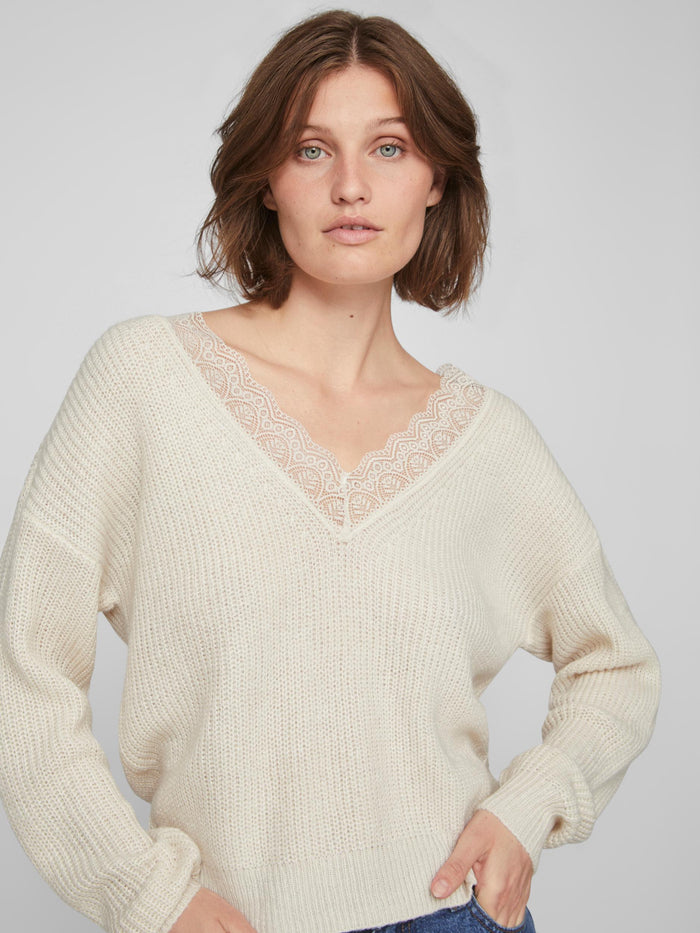 LACY V-NECK JUMPER (NATURAL MELANGE)