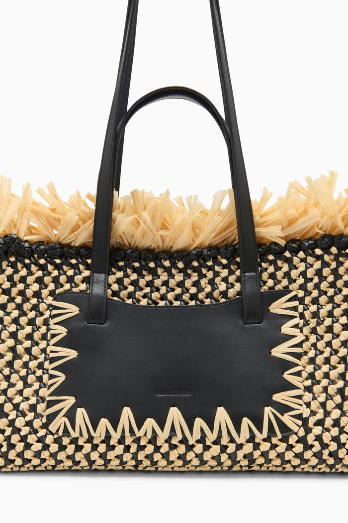 Black Leather Raffia Tote - Handle Detail Close-Up | Ulla Johnson