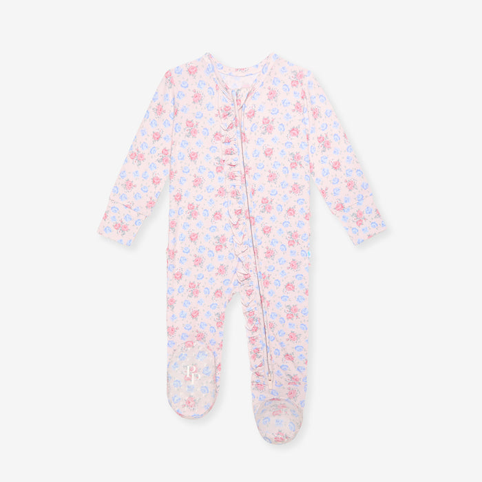 Front image of baby onesie with floral pattern on a white background