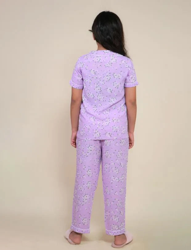 Lavender Floral Rayon Night Suit for Girls