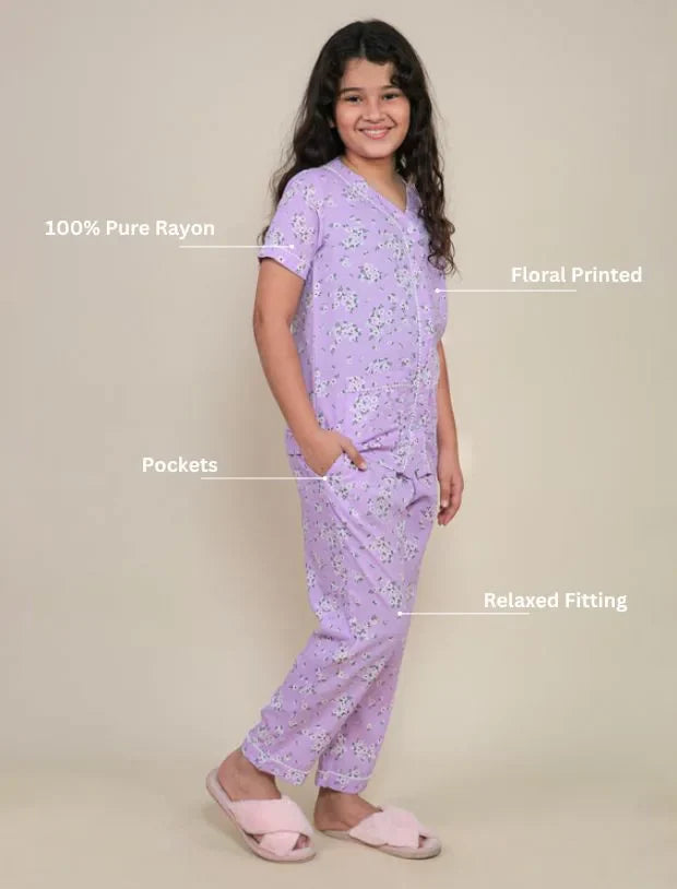 Lavender Floral Rayon Night Suit for Girls