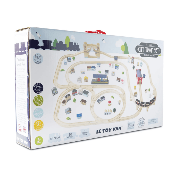 Le Toy Van City Train Set packaging with train and track illustration on a white background