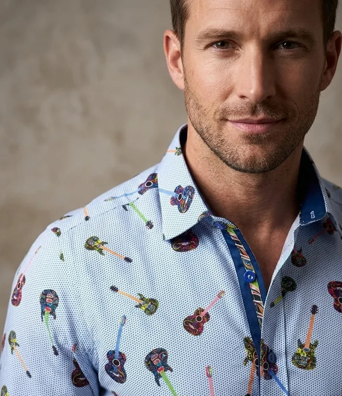 Light Blue Guitar Print Shirt with Matching Handkerchief