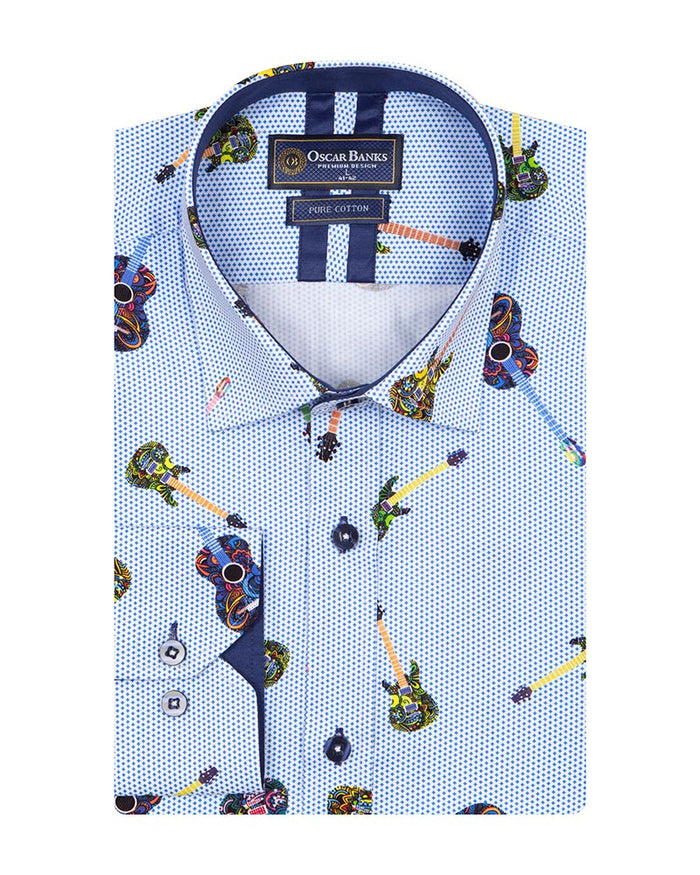 Light Blue Guitar Print Shirt with Matching Handkerchief-Makrom