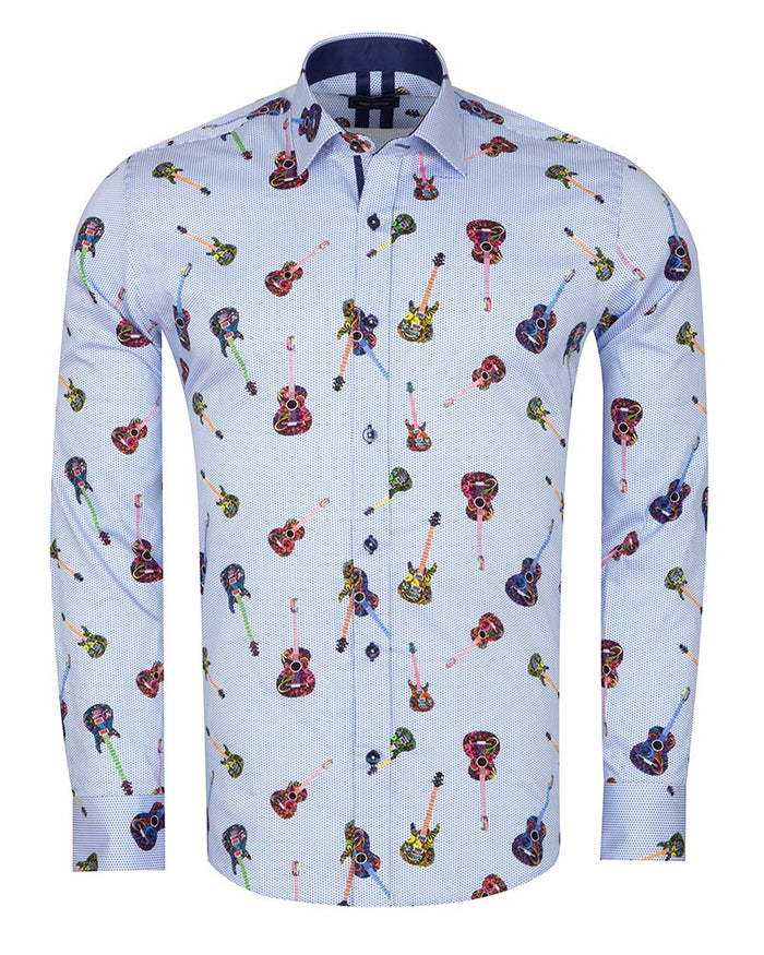 Light Blue Guitar Print Shirt with Matching Handkerchief-Makrom