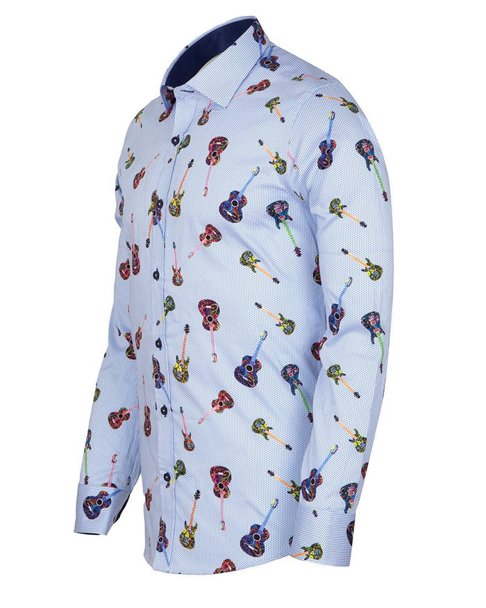 Light Blue Guitar Print Shirt with Matching Handkerchief-Makrom