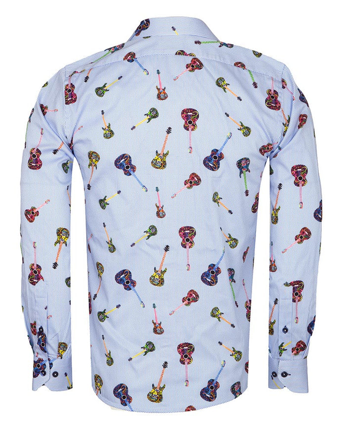 Light Blue Guitar Print Shirt with Matching Handkerchief-Makrom