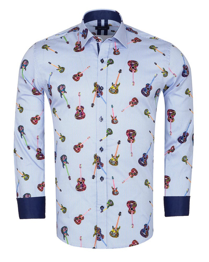 Light Blue Guitar Print Shirt with Matching Handkerchief-Makrom