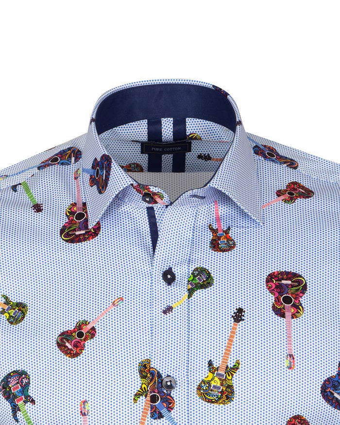 Light Blue Guitar Print Shirt with Matching Handkerchief-Makrom